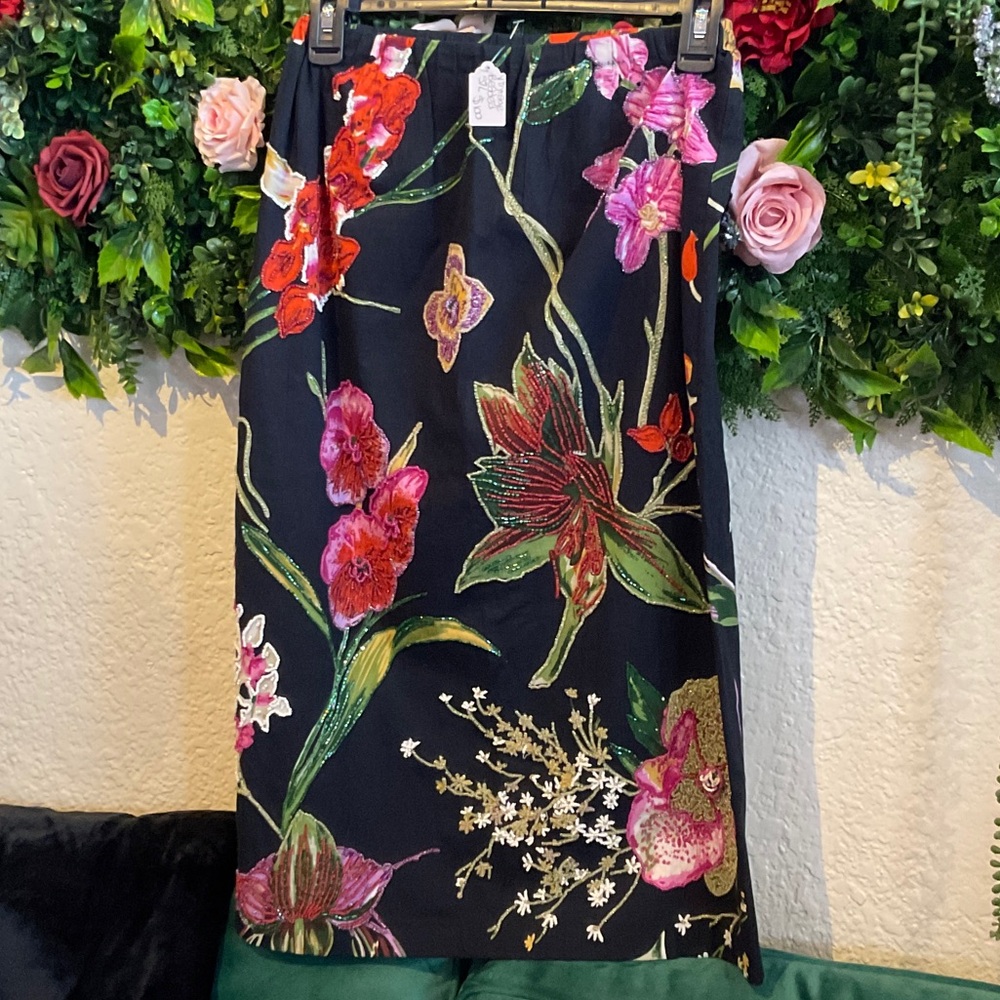 Beaded Floral Black Midi Skirt with Pink & Green Accents